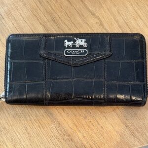 Coach Black Croc Embossed Zip Wallet